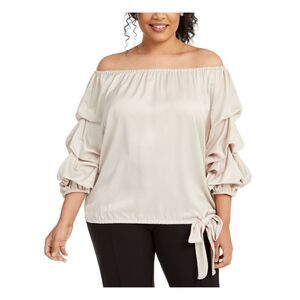 JBS LIMITED Womens Beige Tie Waist Pouf Off Shoulder Evening Blouse Plus 1X